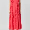 ENDLESS ROSE Tops*- Chiffon Ruffled Spaghetti Maxi Dress RED