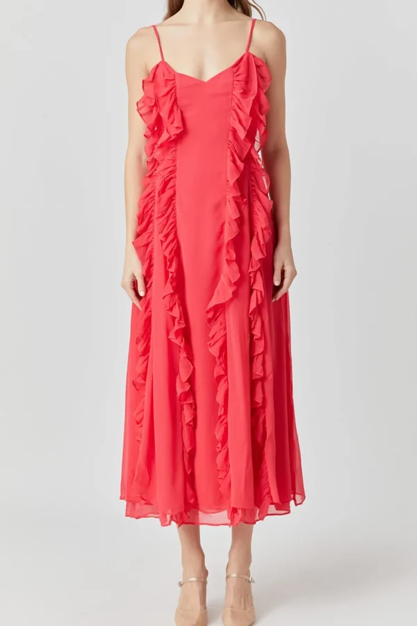 ENDLESS ROSE Tops*- Chiffon Ruffled Spaghetti Maxi Dress RED