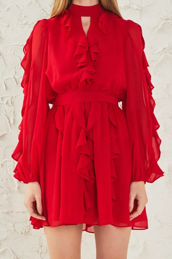ENDLESS ROSE Tops*- Chiffon Ruffled V Mini Dress RED