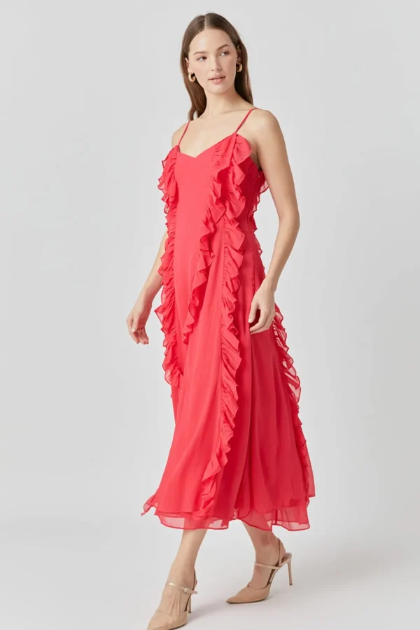 ENDLESS ROSE Tops*- Chiffon Ruffled Spaghetti Maxi Dress RED