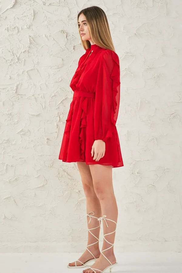 ENDLESS ROSE Tops*- Chiffon Ruffled V Mini Dress RED