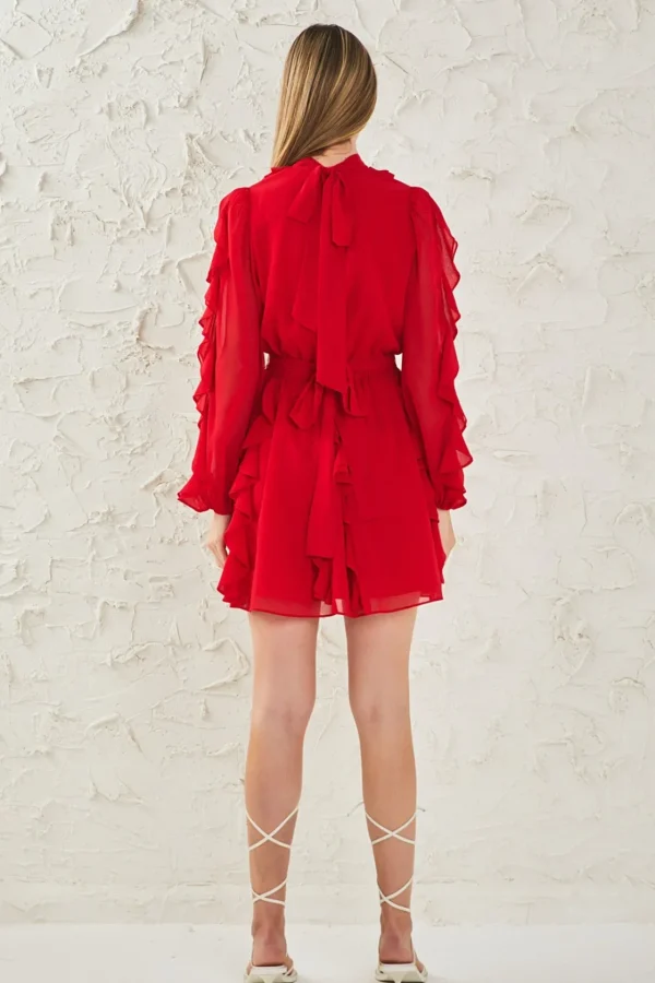 ENDLESS ROSE Tops*- Chiffon Ruffled V Mini Dress RED