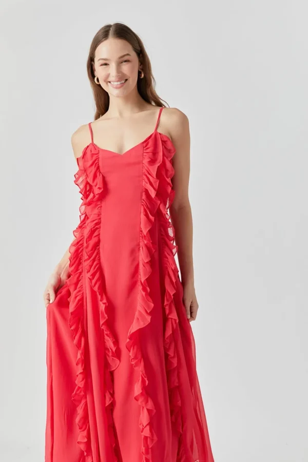 ENDLESS ROSE Tops*- Chiffon Ruffled Spaghetti Maxi Dress RED