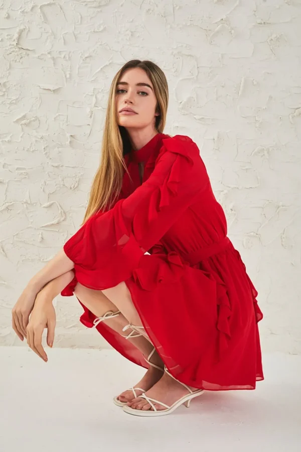 ENDLESS ROSE Tops*- Chiffon Ruffled V Mini Dress RED