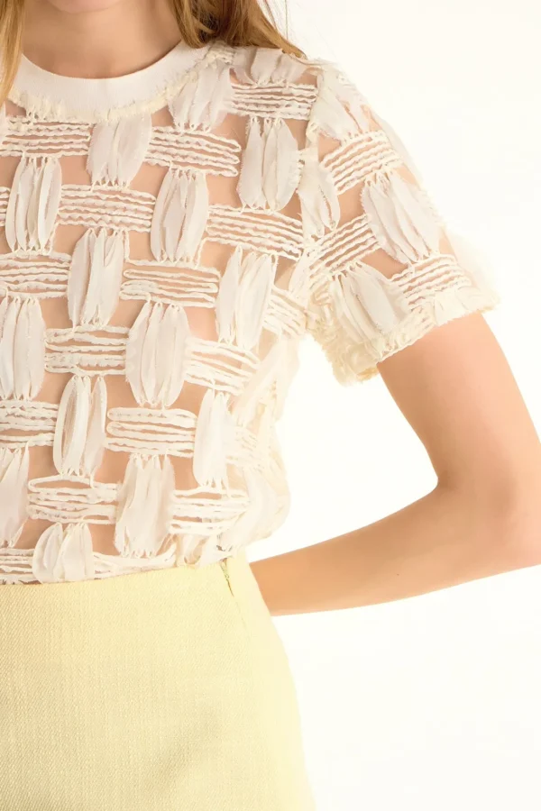 ENDLESS ROSE Tops*- Claire Grid Textured Short Sleeve Top IVORY