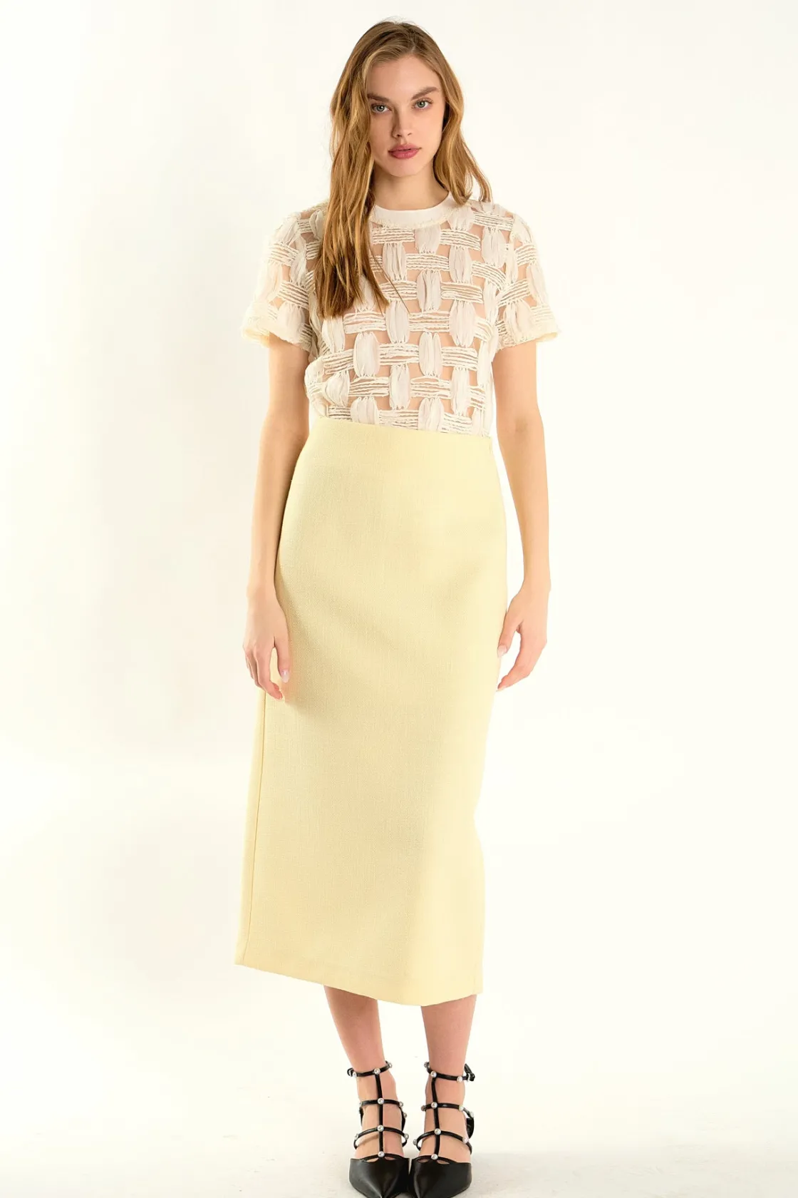 endless_rose__claire_grid_1.webp ENDLESS ROSE Tops*- Claire Grid Textured Short Sleeve Top IVORY