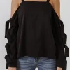 ENDLESS ROSE Tops*- Cold Shoulder Top with Tied Ribbon Sleeve BLACK