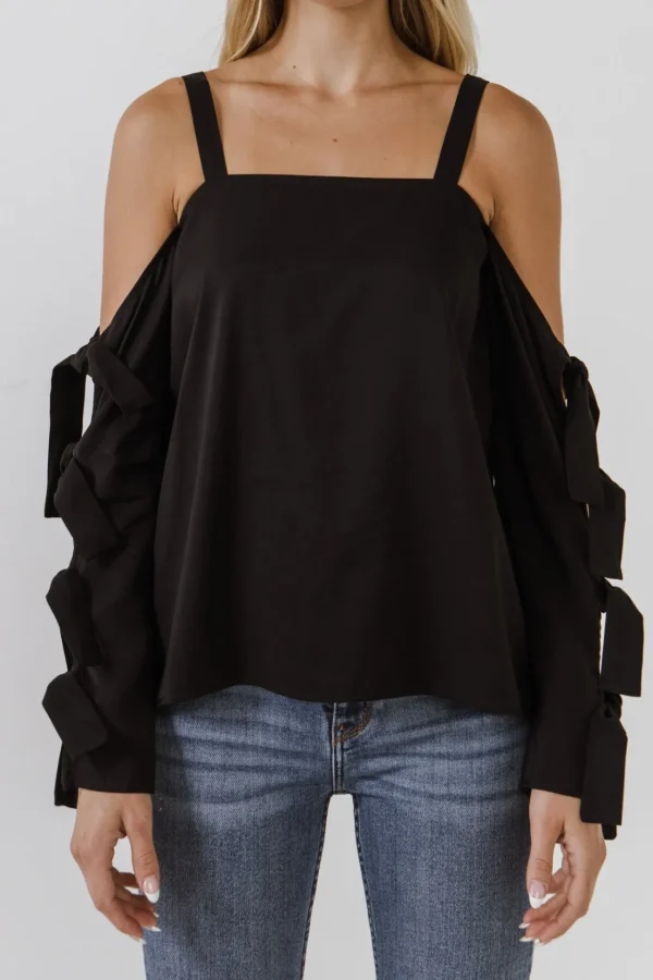 ENDLESS ROSE Tops*- Cold Shoulder Top with Tied Ribbon Sleeve BLACK