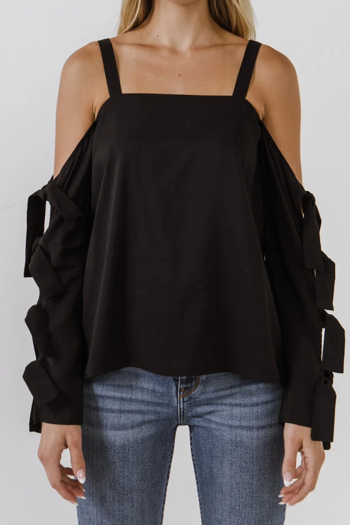 endless_rose__cold_should_0.webp ENDLESS ROSE Tops*- Cold Shoulder Top with Tied Ribbon Sleeve BLACK