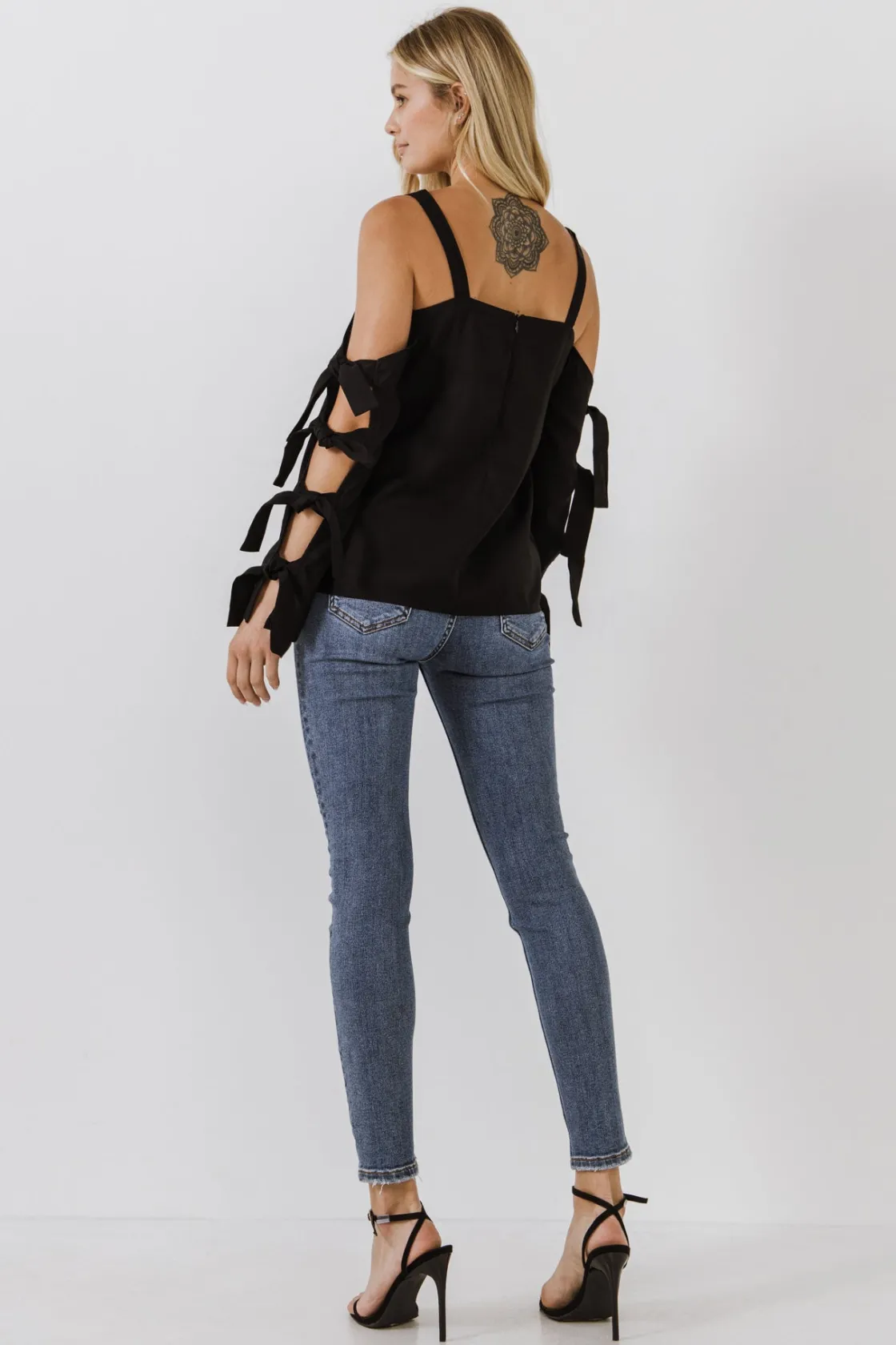 endless_rose__cold_should_1.webp ENDLESS ROSE Tops*- Cold Shoulder Top with Tied Ribbon Sleeve BLACK