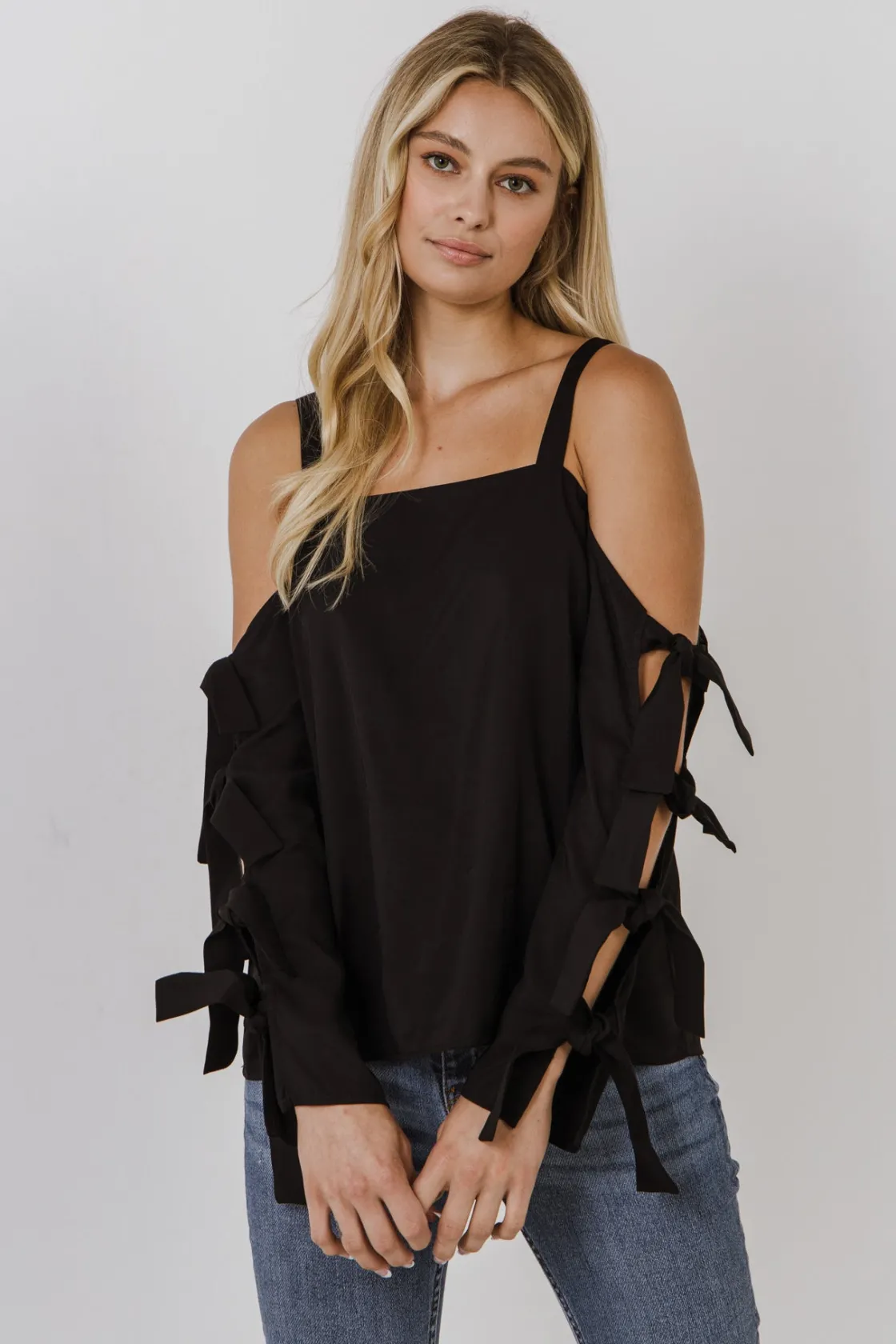 endless_rose__cold_should_3.webp ENDLESS ROSE Tops*- Cold Shoulder Top with Tied Ribbon Sleeve BLACK