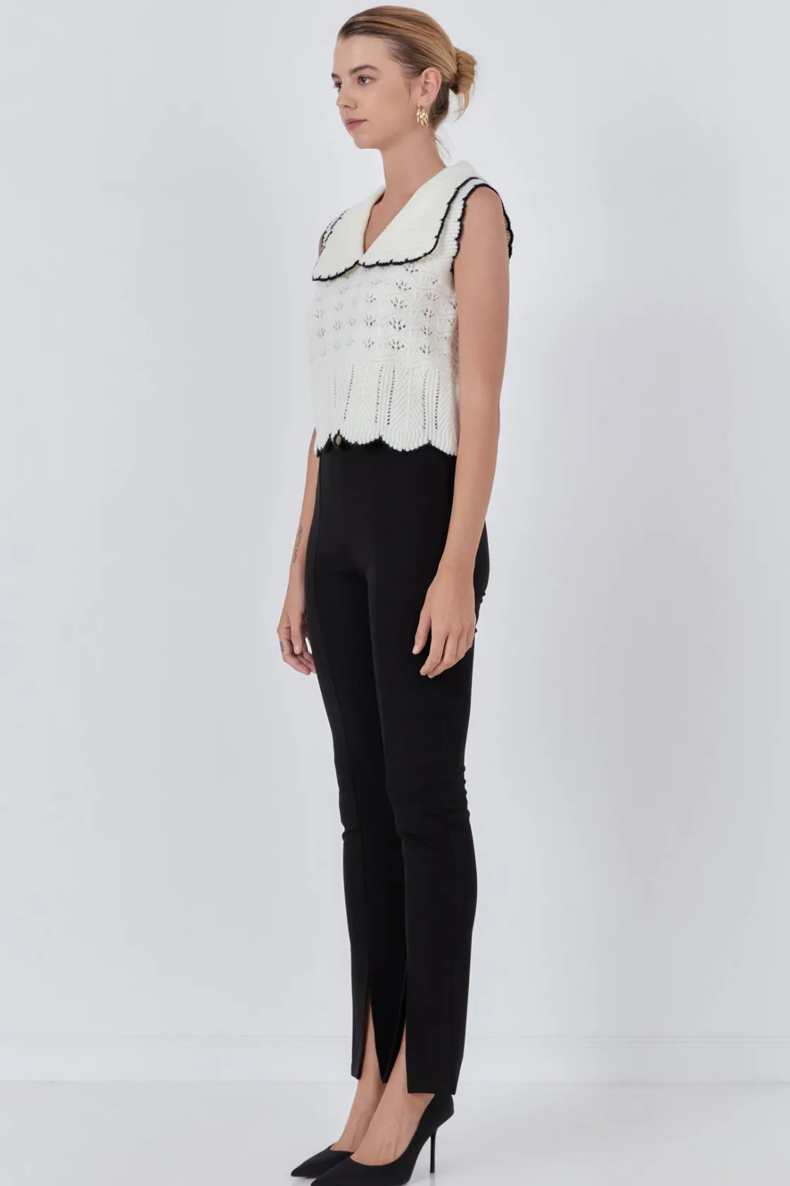 endless_rose__collared_cr_1.webp ENDLESS ROSE Sweaters & Knits | Vest*- Collared Crochet Vest BLACK/CREAM