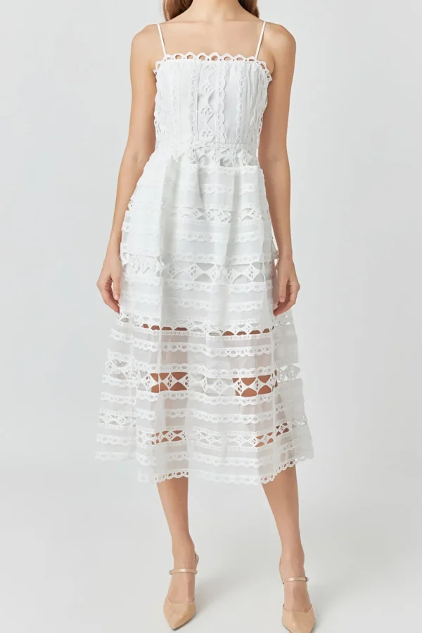 ENDLESS ROSE Lace Dresses | White Dresses*- Combination Lace Spaghetti Strap Midi WHITE