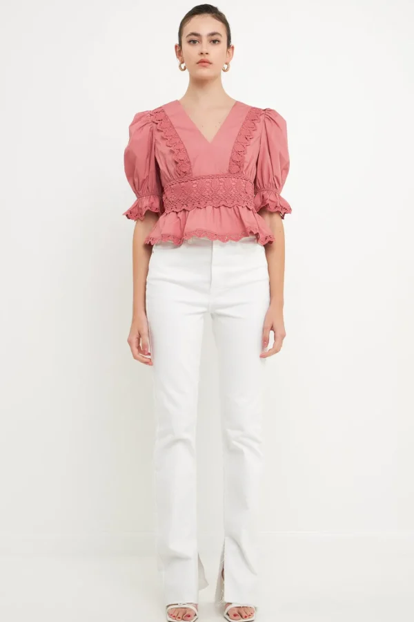 ENDLESS ROSE Tops*- Combination Eyelet Lace Top