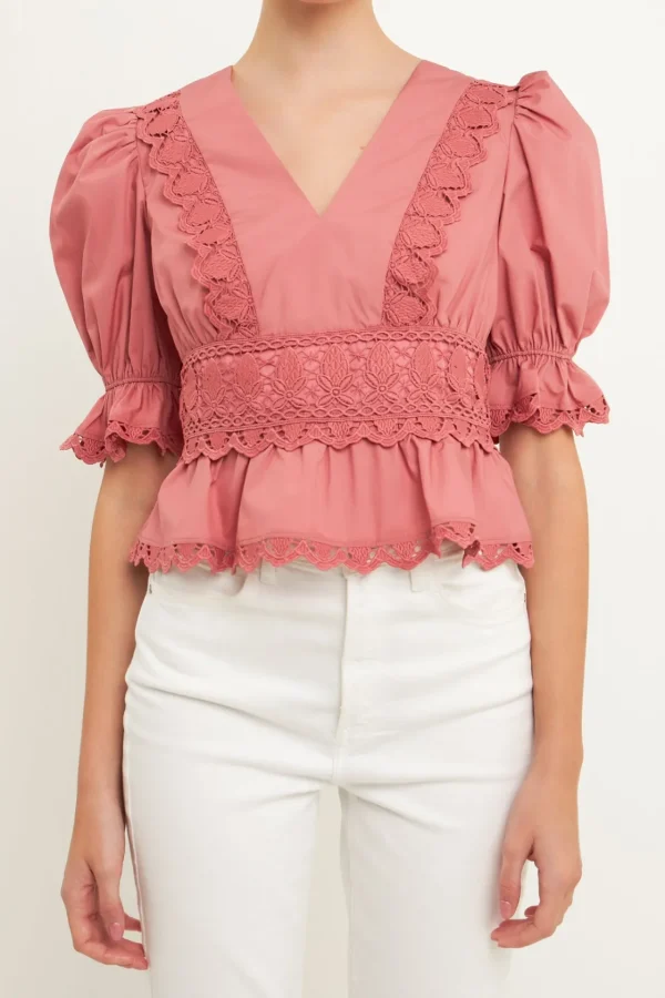 ENDLESS ROSE Tops*- Combination Eyelet Lace Top