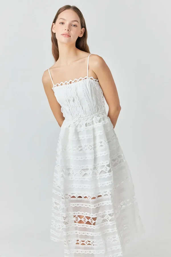 ENDLESS ROSE Lace Dresses | White Dresses*- Combination Lace Spaghetti Strap Midi WHITE