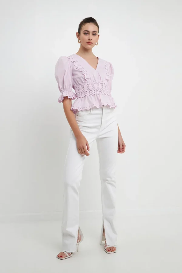 ENDLESS ROSE Tops*- Combination Eyelet Lace Top