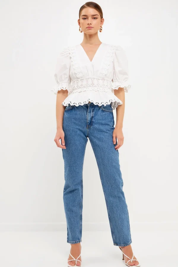 ENDLESS ROSE Tops*- Combination Eyelet Lace Top