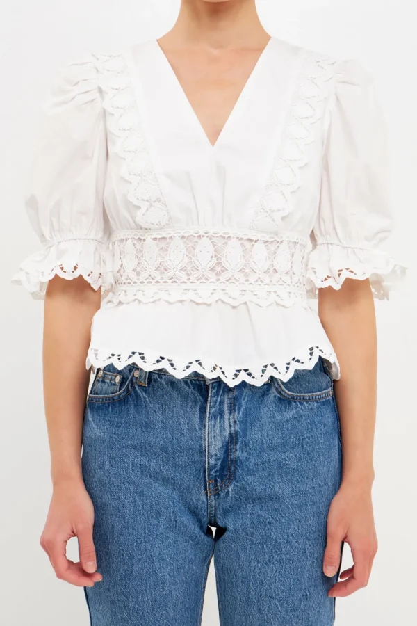 ENDLESS ROSE Tops*- Combination Eyelet Lace Top