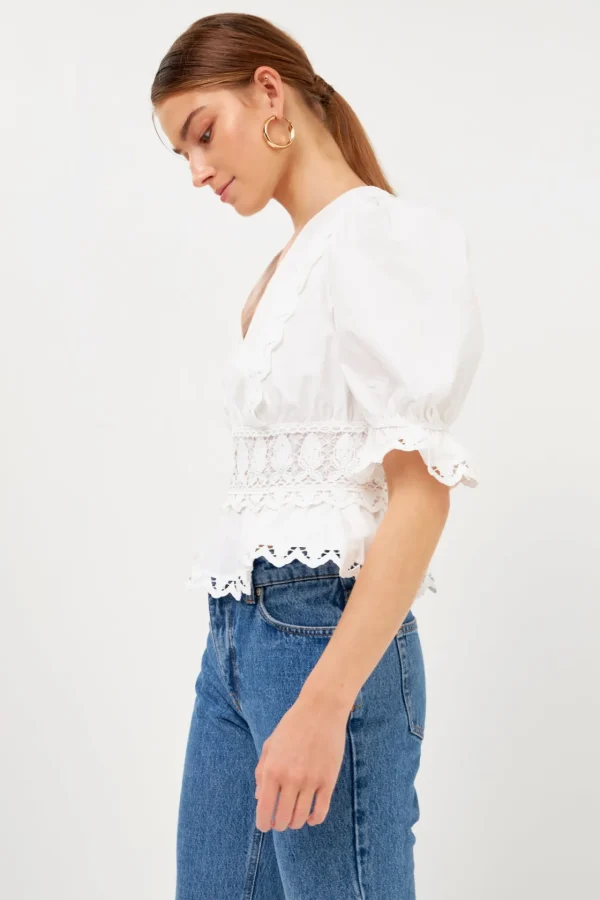 ENDLESS ROSE Tops*- Combination Eyelet Lace Top