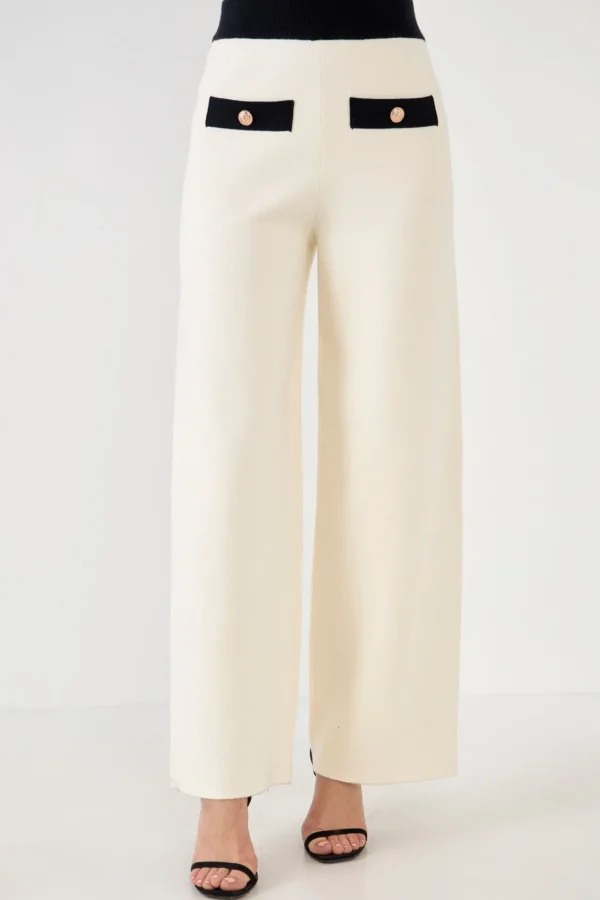 ENDLESS ROSE Sweaters & Knits | Pants*- Contrast Band Knit Pants with Gold Buttons CREAM