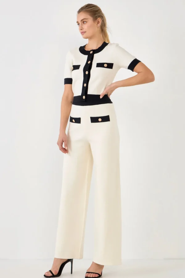 ENDLESS ROSE Sweaters & Knits | Pants*- Contrast Band Knit Pants with Gold Buttons CREAM