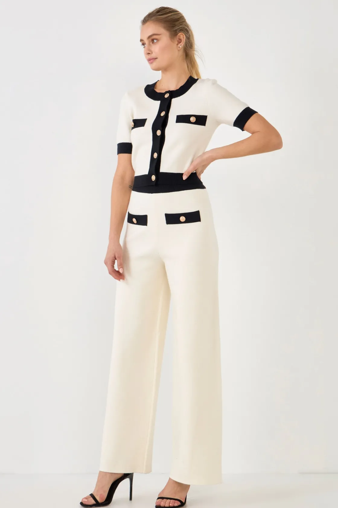 endless_rose__contrast_ba_1-1.webp ENDLESS ROSE Sweaters & Knits | Pants*- Contrast Band Knit Pants with Gold Buttons CREAM