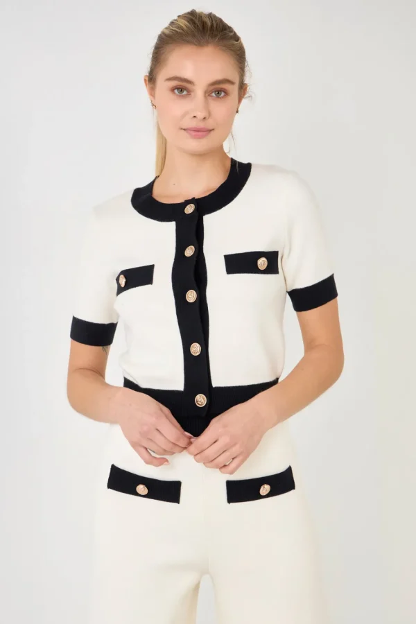 ENDLESS ROSE Sweaters & Knits | Pants*- Contrast Band Knit Pants with Gold Buttons CREAM
