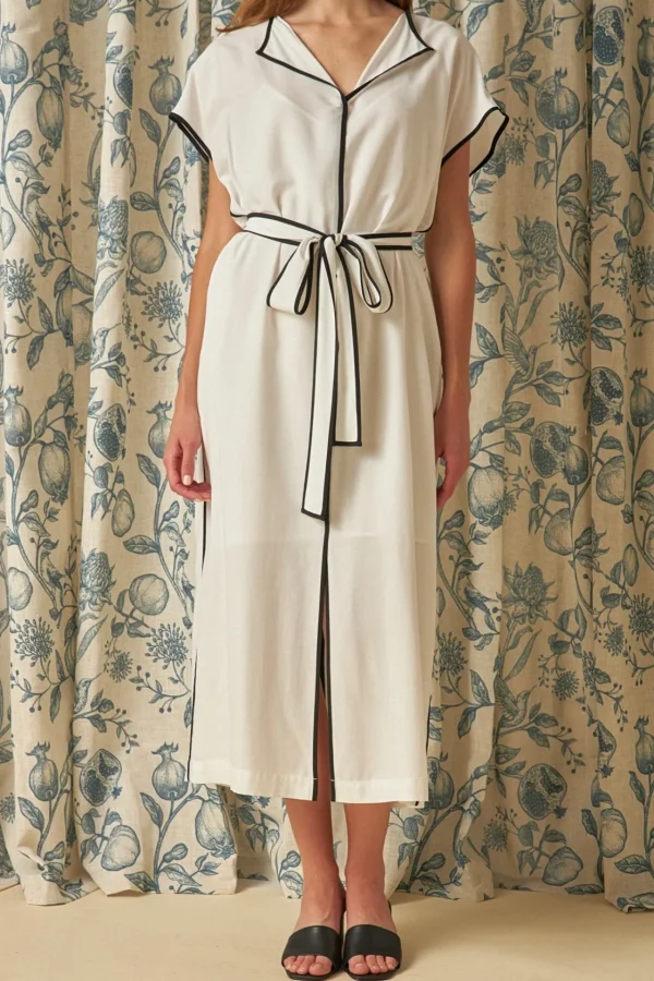 ENDLESS ROSE Tops*- Contrast Binding Belted Midi Dress WHITE/BLACK