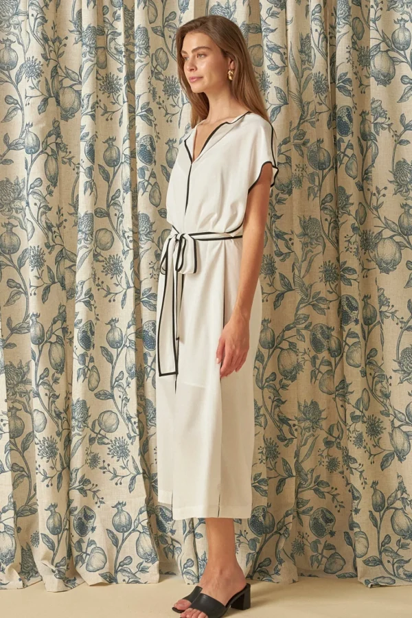 ENDLESS ROSE Tops*- Contrast Binding Belted Midi Dress WHITE/BLACK