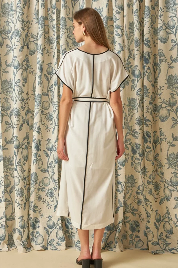 ENDLESS ROSE Tops*- Contrast Binding Belted Midi Dress WHITE/BLACK