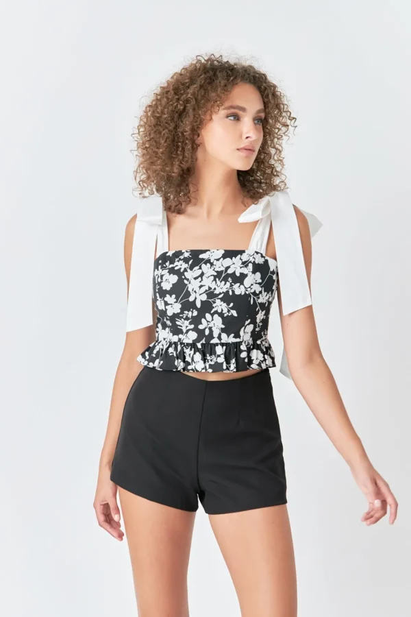 ENDLESS ROSE Tops*- Contrast Bow Strap Printed Top BLACK/WHITE