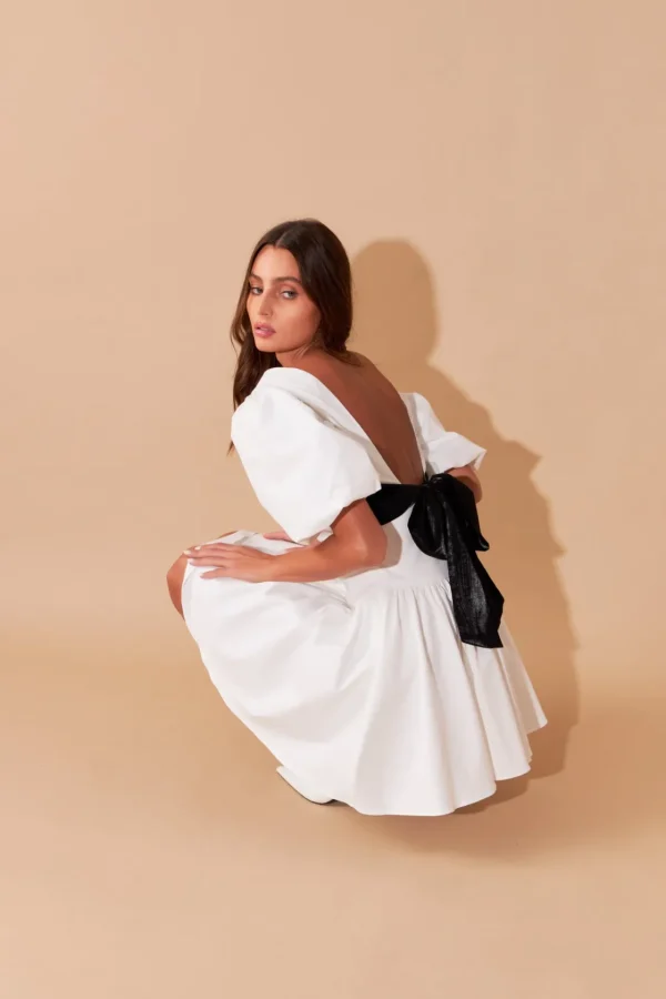 ENDLESS ROSE White Dresses | Tops*- Contrast Bow Low Back Mini Dress WHITE/BLACK