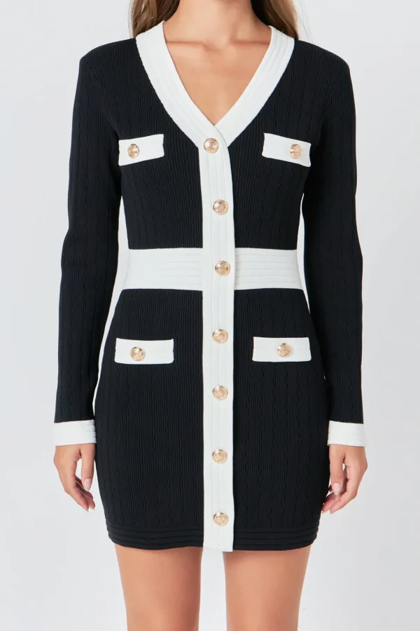 ENDLESS ROSE Sweaters & Knits | Tops*- Contrast detail V-neck Knit Mini Dress BLACK/WHITE