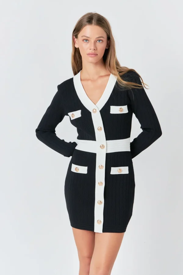 ENDLESS ROSE Sweaters & Knits | Tops*- Contrast detail V-neck Knit Mini Dress BLACK/WHITE