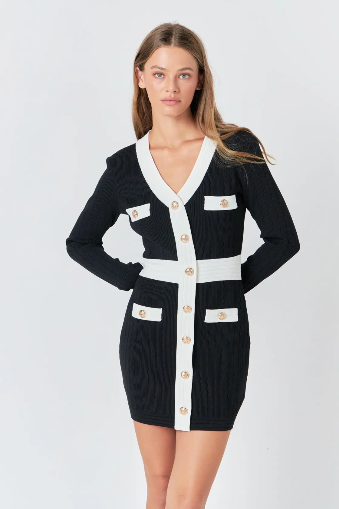 endless_rose__contrast_de_3.webp ENDLESS ROSE Sweaters & Knits | Tops*- Contrast detail V-neck Knit Mini Dress BLACK/WHITE