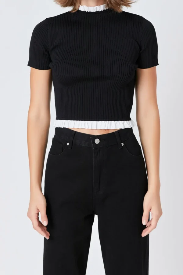 ENDLESS ROSE Sweaters & Knits | Tops*- Contrast Ruffle Short Sleeve Top BLACK