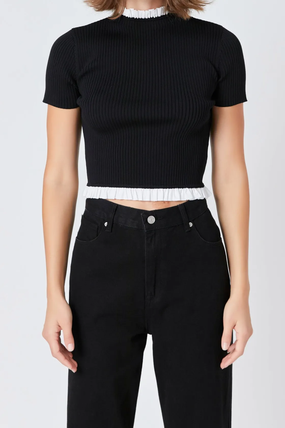 endless_rose__contrast_ru_0-1.webp ENDLESS ROSE Sweaters & Knits | Tops*- Contrast Ruffle Short Sleeve Top BLACK