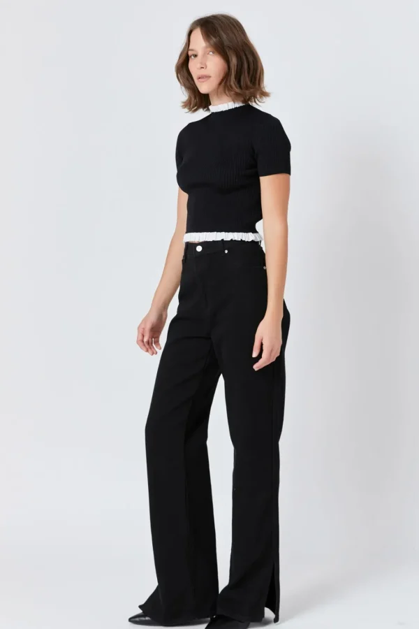 ENDLESS ROSE Sweaters & Knits | Tops*- Contrast Ruffle Short Sleeve Top BLACK