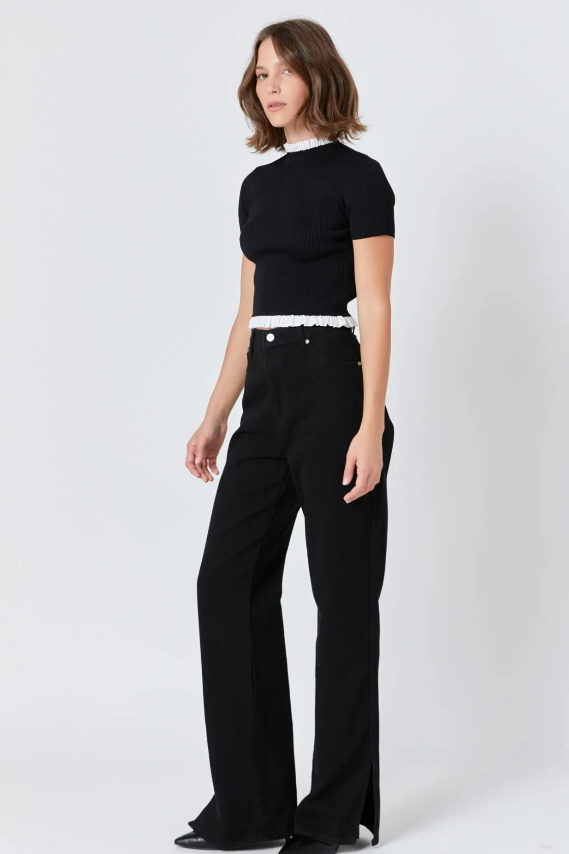 endless_rose__contrast_ru_1-1.webp ENDLESS ROSE Sweaters & Knits | Tops*- Contrast Ruffle Short Sleeve Top BLACK