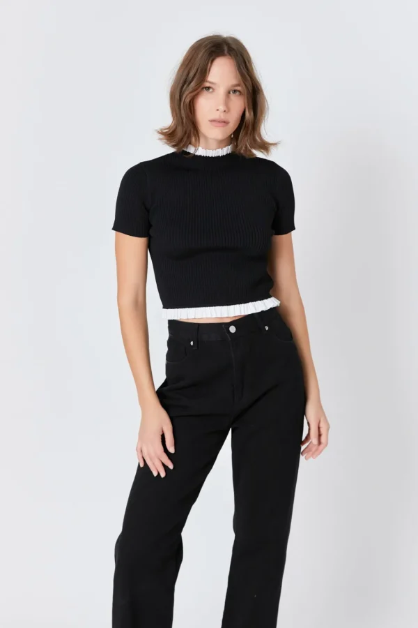 ENDLESS ROSE Sweaters & Knits | Tops*- Contrast Ruffle Short Sleeve Top BLACK