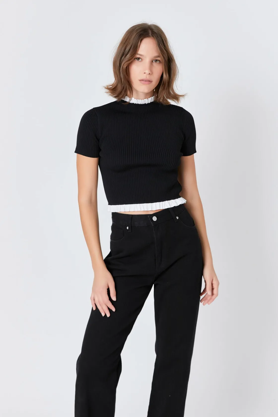 endless_rose__contrast_ru_3-1.webp ENDLESS ROSE Sweaters & Knits | Tops*- Contrast Ruffle Short Sleeve Top BLACK