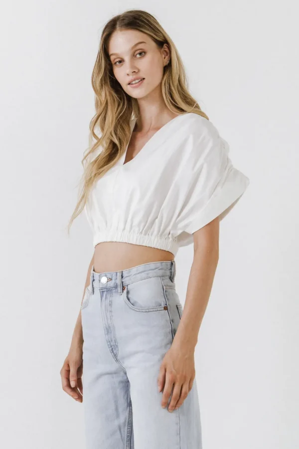 ENDLESS ROSE Tops*- Cotton Drop Shoulder Crop Top WHITE