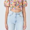 ENDLESS ROSE Tops*- Cotton Floral Print Puff Sleeve Top WHITEMULTI