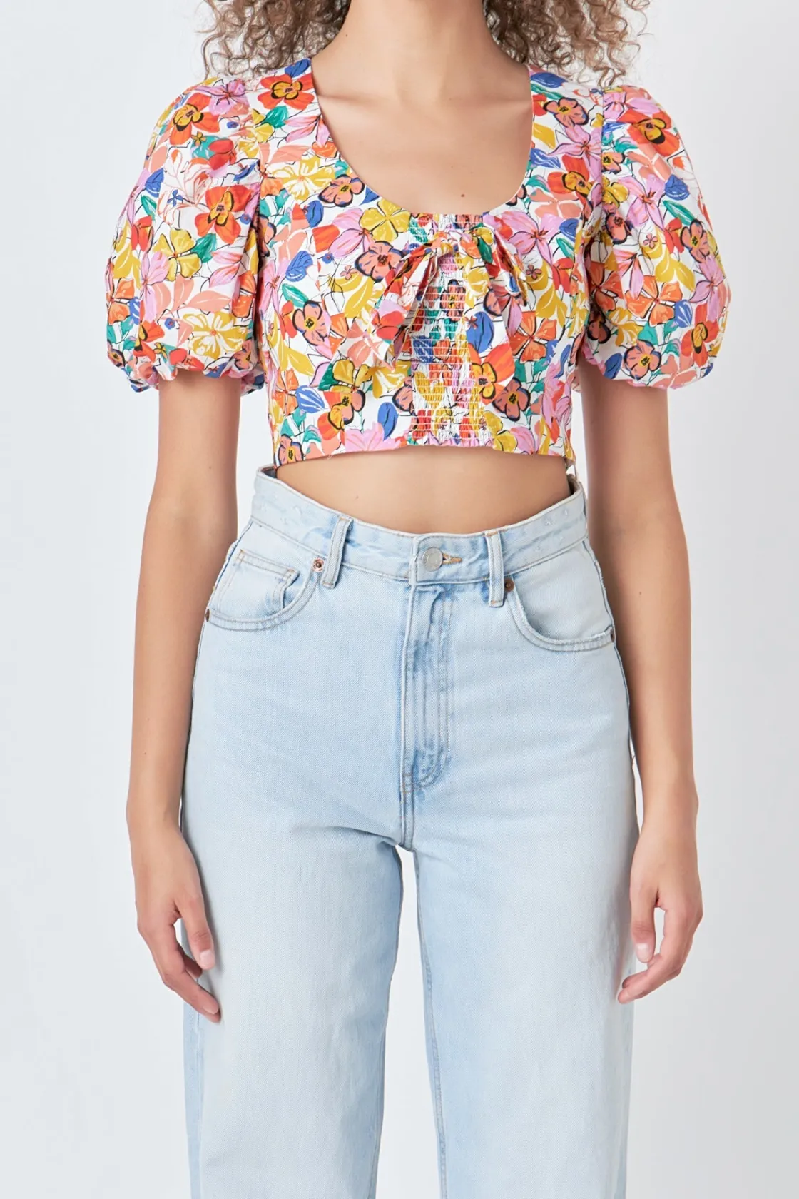 endless_rose__cotton_flor_0.webp ENDLESS ROSE Tops*- Cotton Floral Print Puff Sleeve Top WHITEMULTI