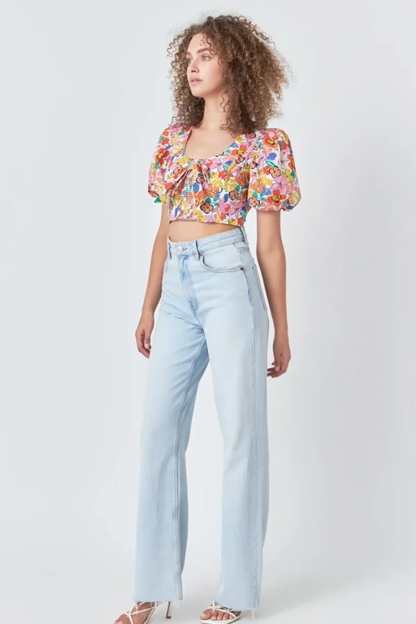 ENDLESS ROSE Tops*- Cotton Floral Print Puff Sleeve Top WHITEMULTI