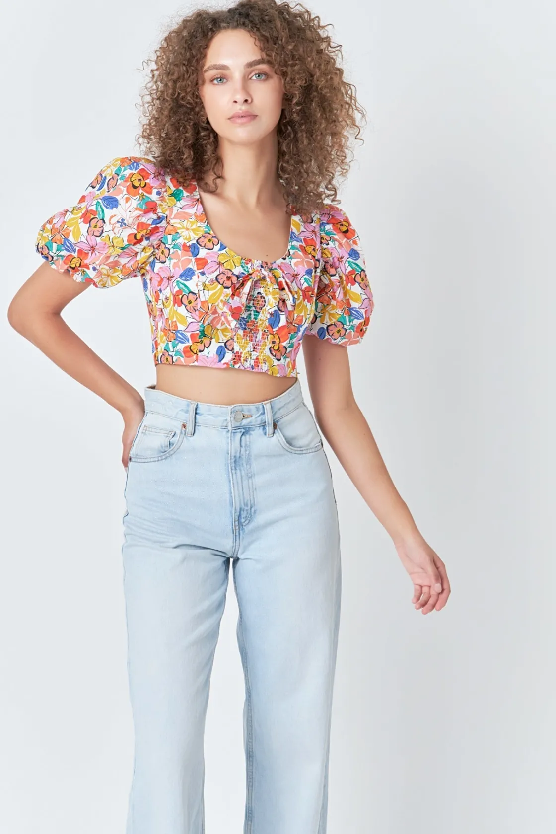 endless_rose__cotton_flor_3.webp ENDLESS ROSE Tops*- Cotton Floral Print Puff Sleeve Top WHITEMULTI