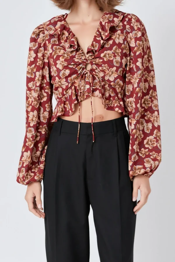 ENDLESS ROSE Tops*- Crinkled Floral Center Cutout Blouse BURGUNDYMULTI