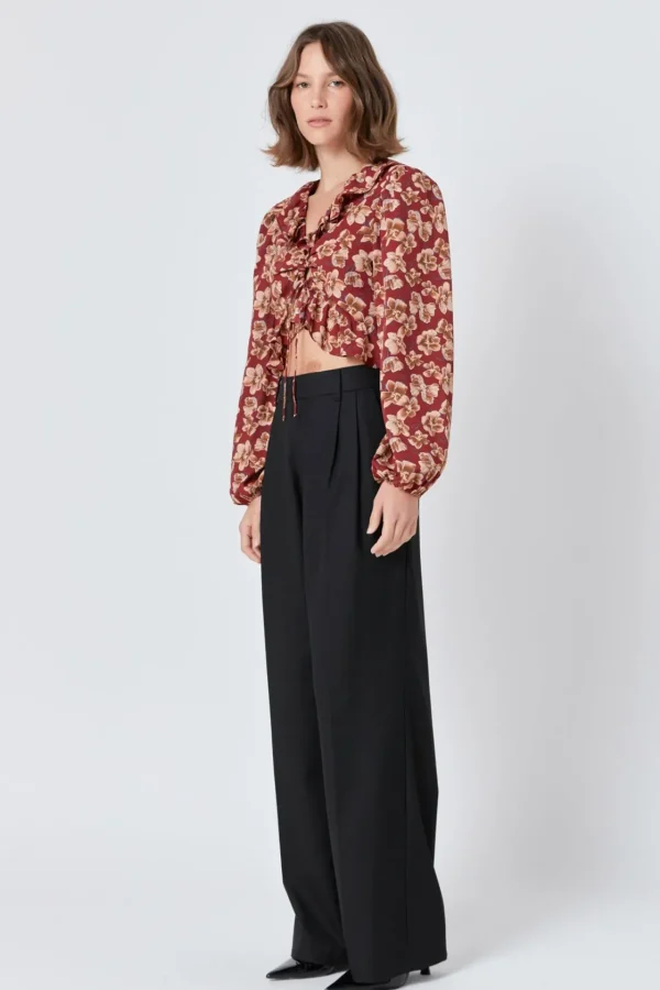 ENDLESS ROSE Tops*- Crinkled Floral Center Cutout Blouse BURGUNDYMULTI