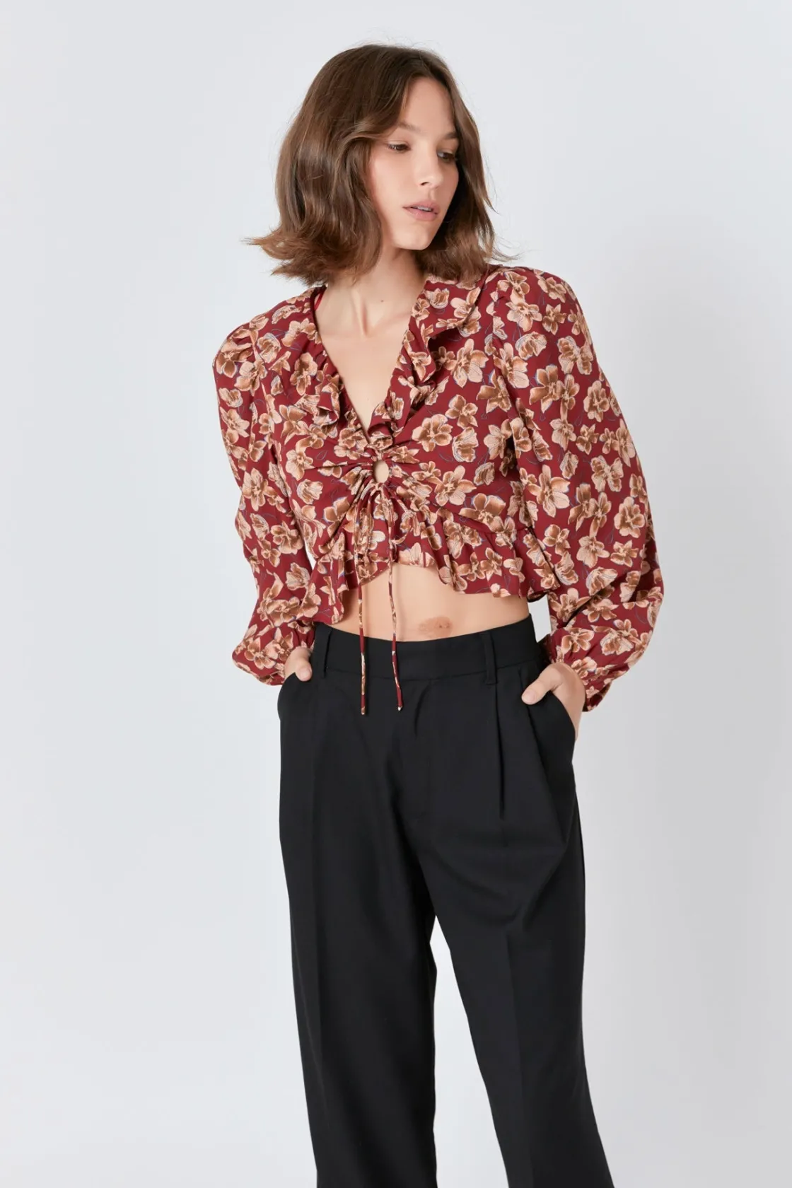 endless_rose__crinkled_fl_3.webp ENDLESS ROSE Tops*- Crinkled Floral Center Cutout Blouse BURGUNDYMULTI